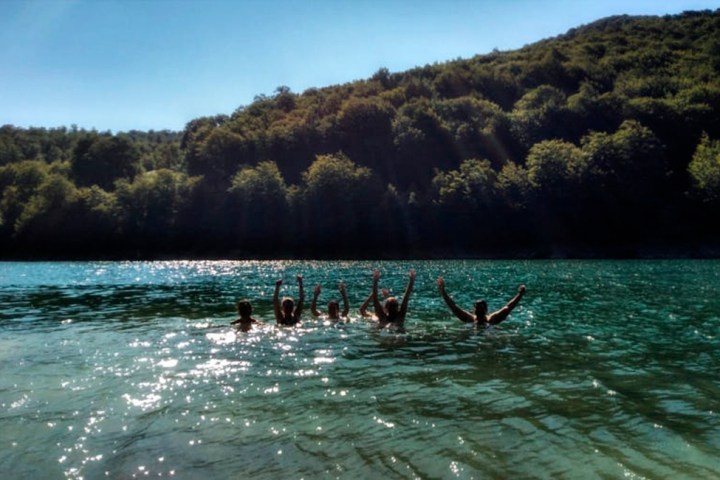 a group of people swimming in a body of water